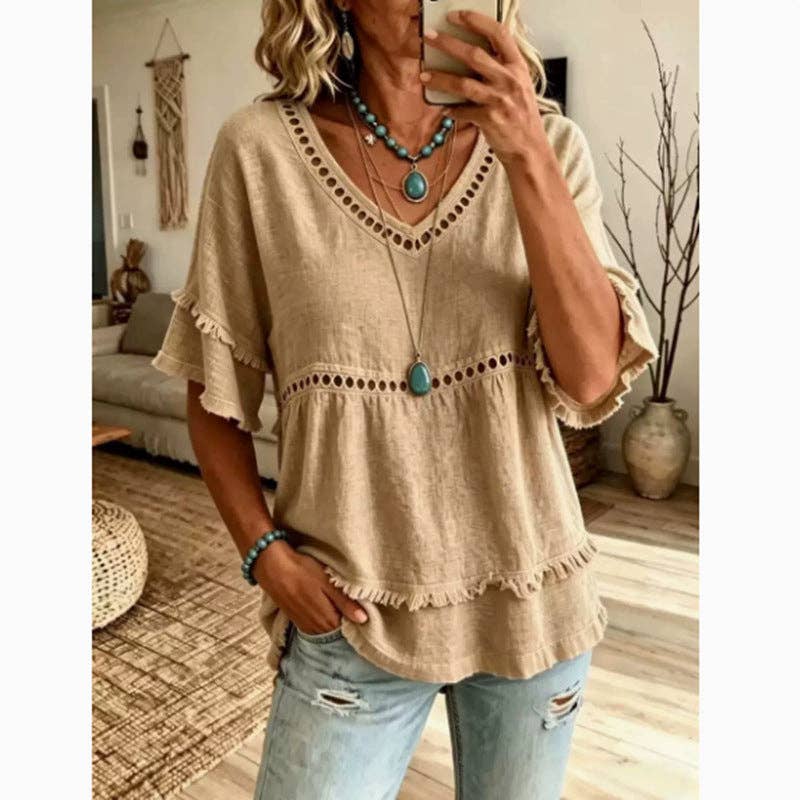 Boho Fringed Ruffle Sleeve Blouse: Tan / Beige - Sizes Small - 2X