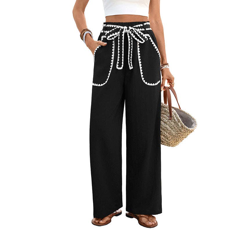 High Waist Wide Leg Matching Tie Belt Casual Pants: Black with White Contrast Stitching: Sizes: Small - Large