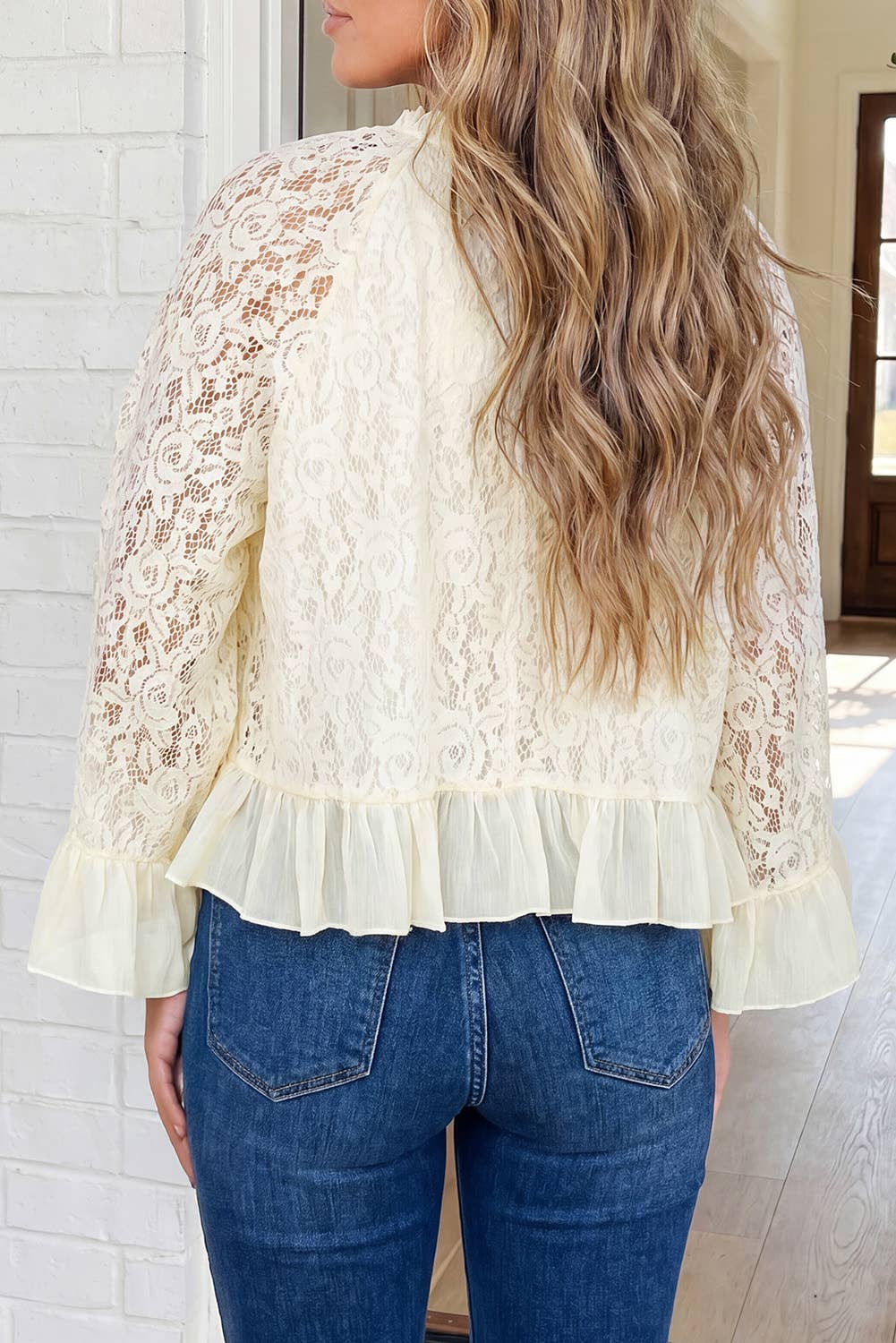 Cream Lace Top wiht Ruffle Trim & Bell Sleeves / Sizes Small - X-Large