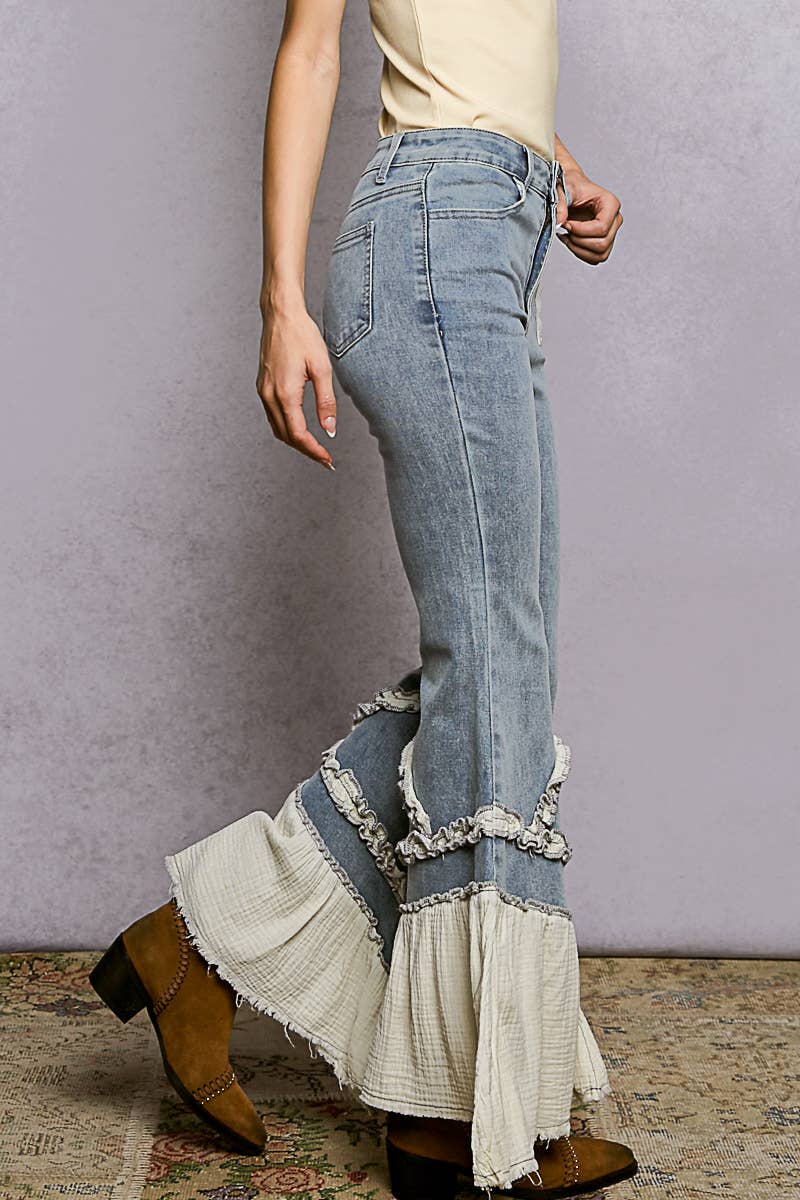 POL Vintage Solid Double Gauze Ruffle Pants: DENIM