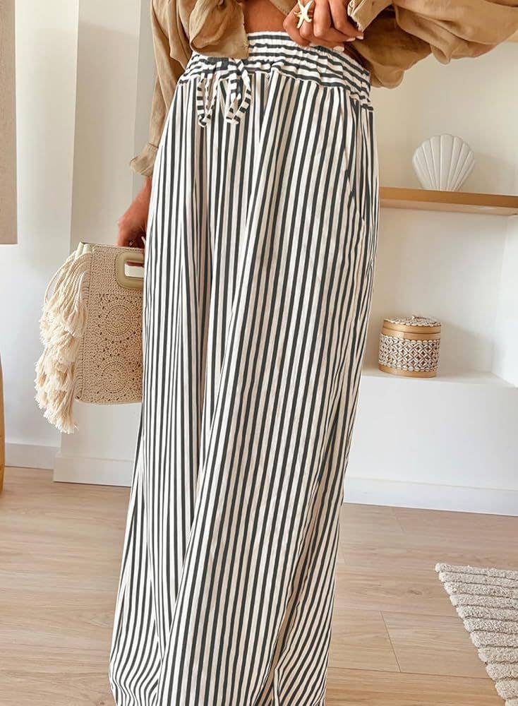 Striped Wide Leg Pants Casual Boho : Charcoal/Heathered White