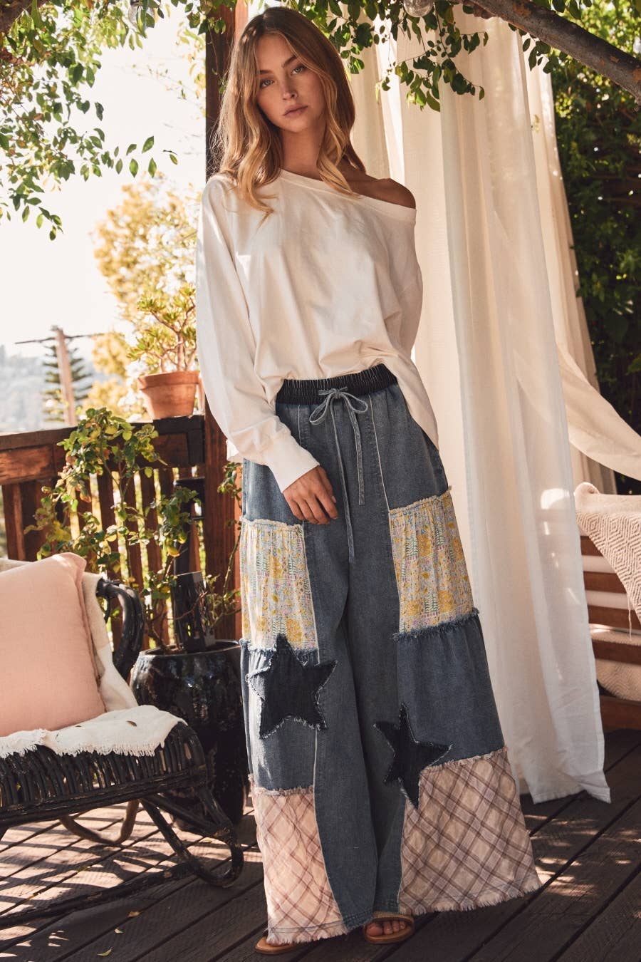 Mixed Fabric Patchwork Wide Leg Pants: WASHED DENIM