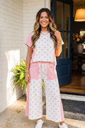 Pants Set - French Terry Feel - Contrasting Pink and White Polka Dot w/Drawstring Pants / S- XL