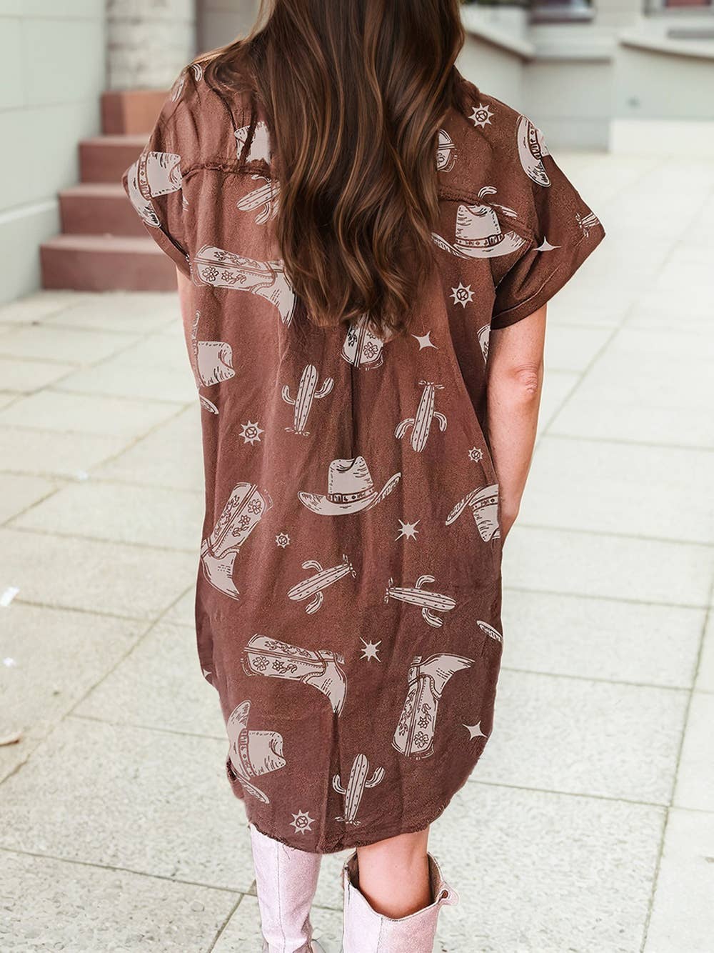 Western Print Denim Dress: Brown