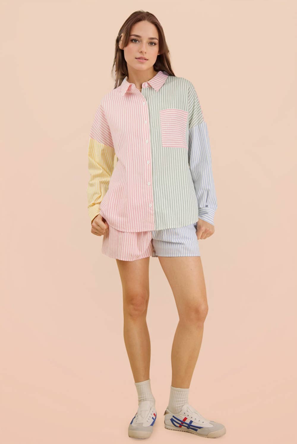 Stripe Color Block Shirt & Shorts Set: PINK MIX / S-M-L/