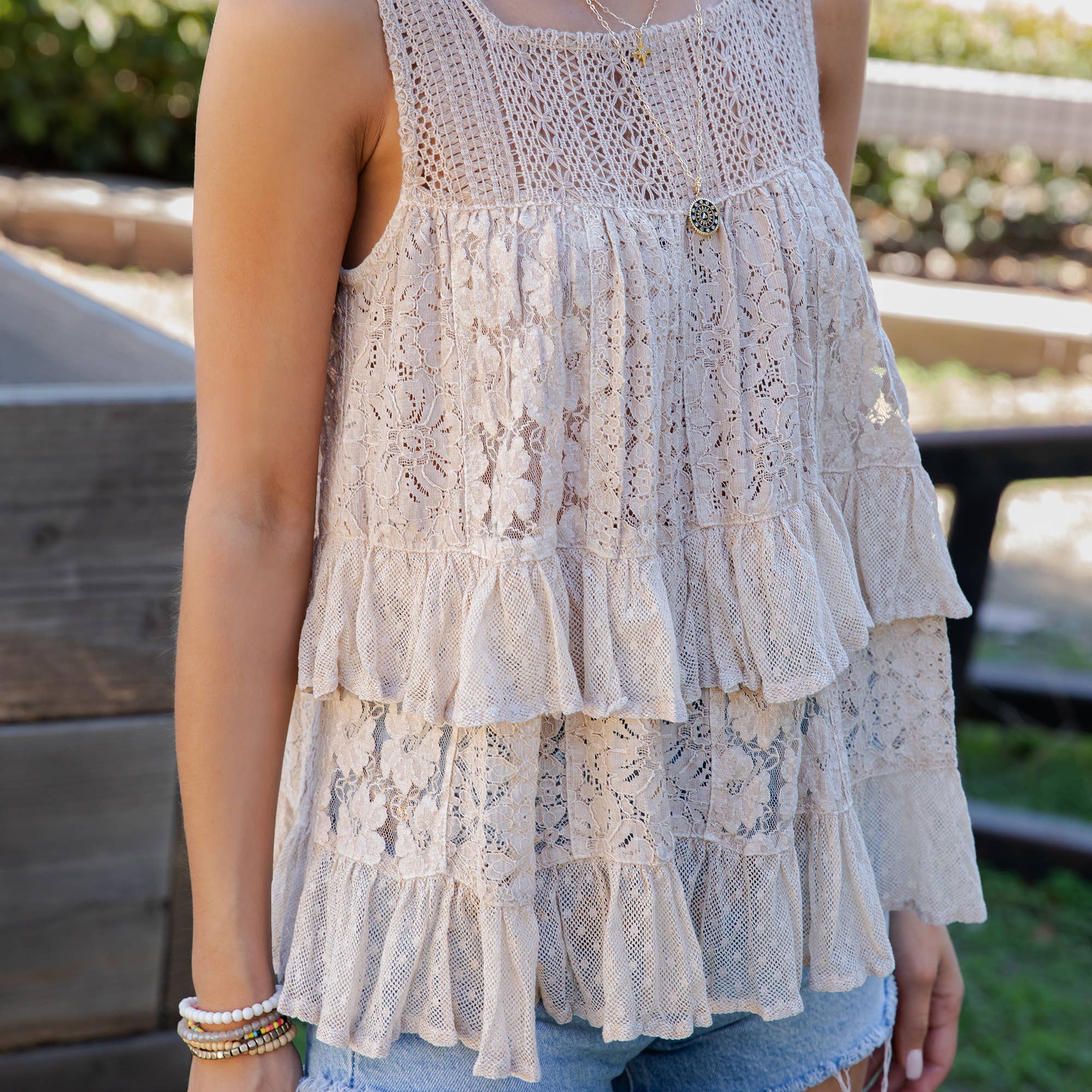 Young Threads Desert Dream Moonlight Tiered Lace Ruffle Ranch Top : LATTE / Small - XL