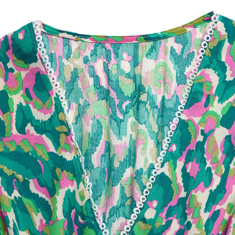 Abstract Maxi Dress V Neck Tiered: Green / 100% Viscose: Small - XL