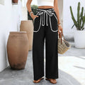 High Waist Wide Leg Matching Tie Belt Casual Pants: Black with White Contrast Stitching: Sizes: Small - Large