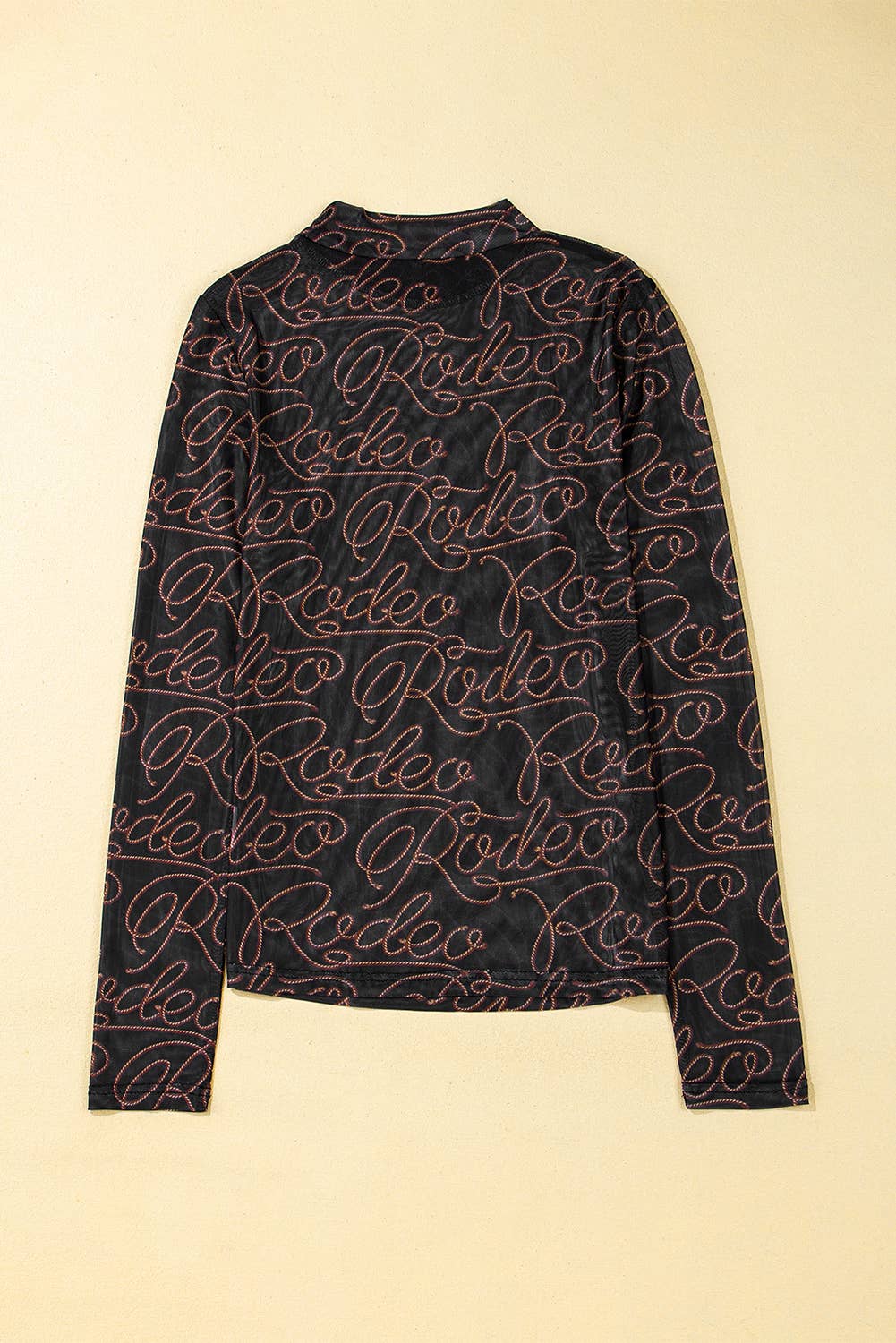 Black Western Rodeo Printed Mock Neck Long Sleeve Mesh Top: Black