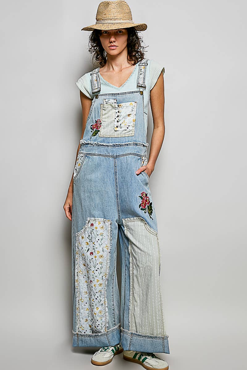 POL Relaxed Fit Floral Patchwork Embroidery Gauze Ruffle Hem Overall: DENIM