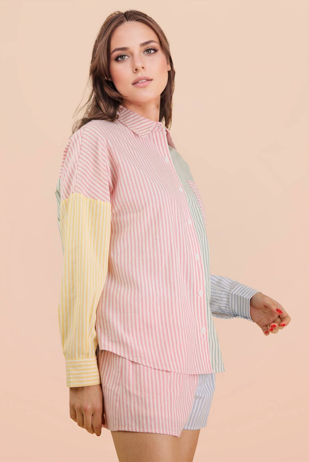 Stripe Color Block Shirt & Shorts Set: PINK MIX / S-M-L/