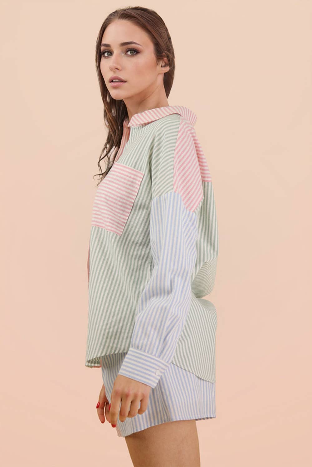 Stripe Color Block Shirt & Shorts Set: PINK MIX / S-M-L/