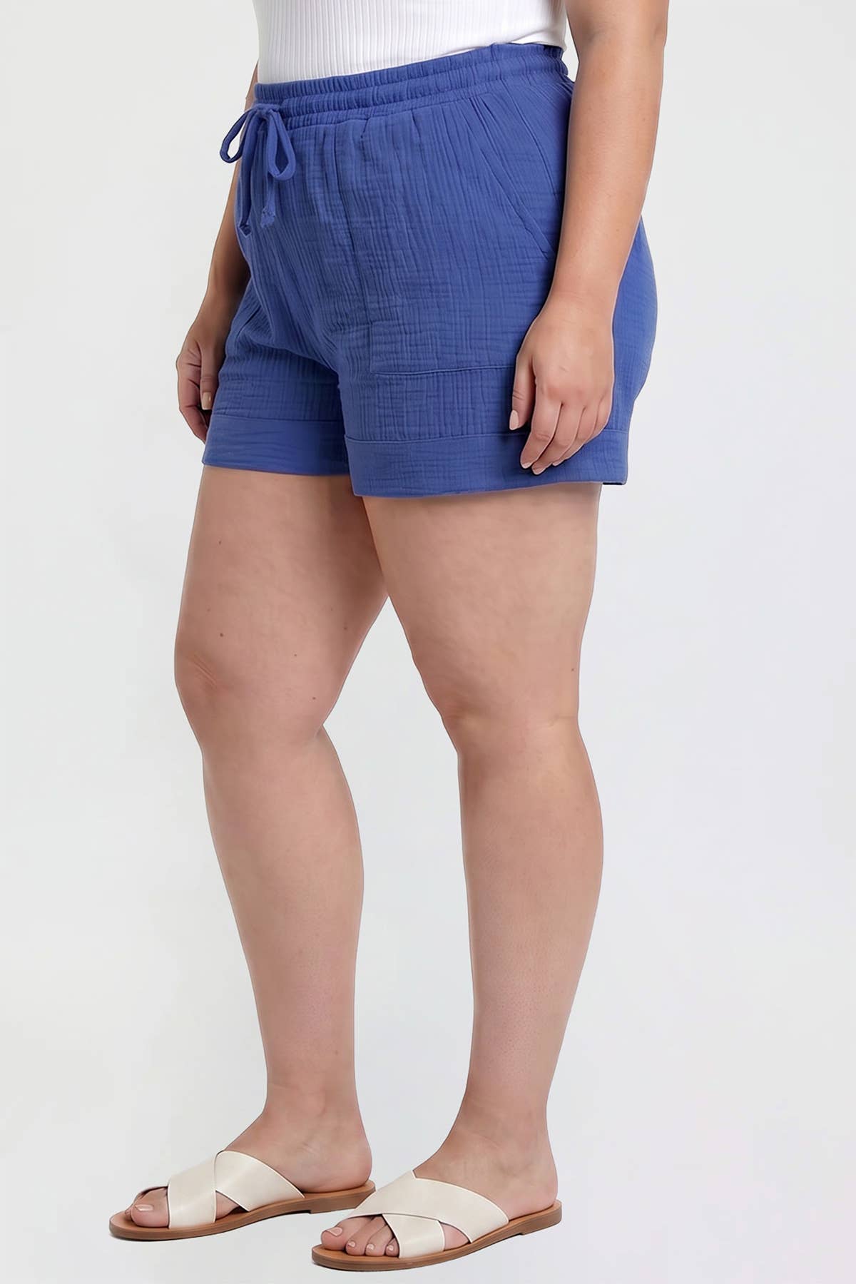 Black Double Gauze Shorts With Banded Hem Black / 1X-3X