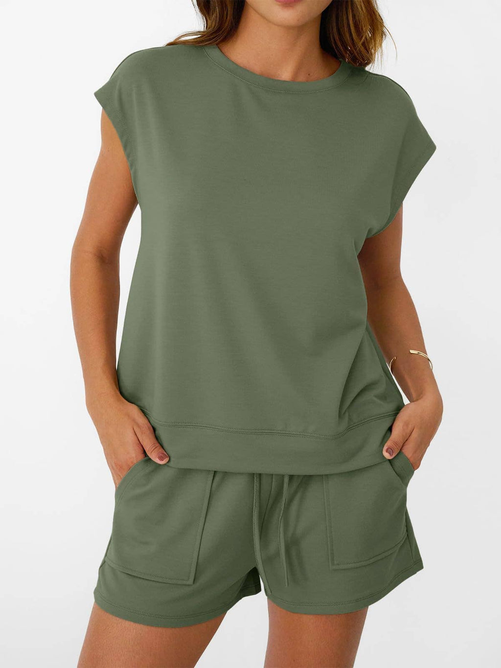 Casual Short Sleeve Top and Shorts Two Piece Set: Olive Green or Hot Pink / S-XL
