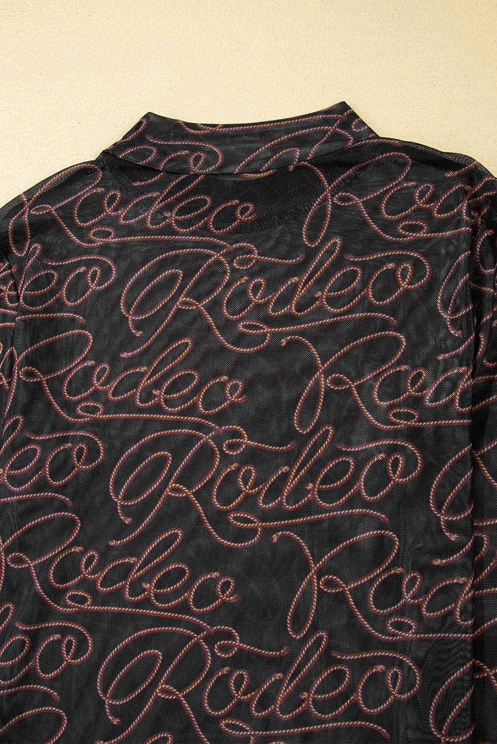 Black Western Rodeo Printed Mock Neck Long Sleeve Mesh Top: Black