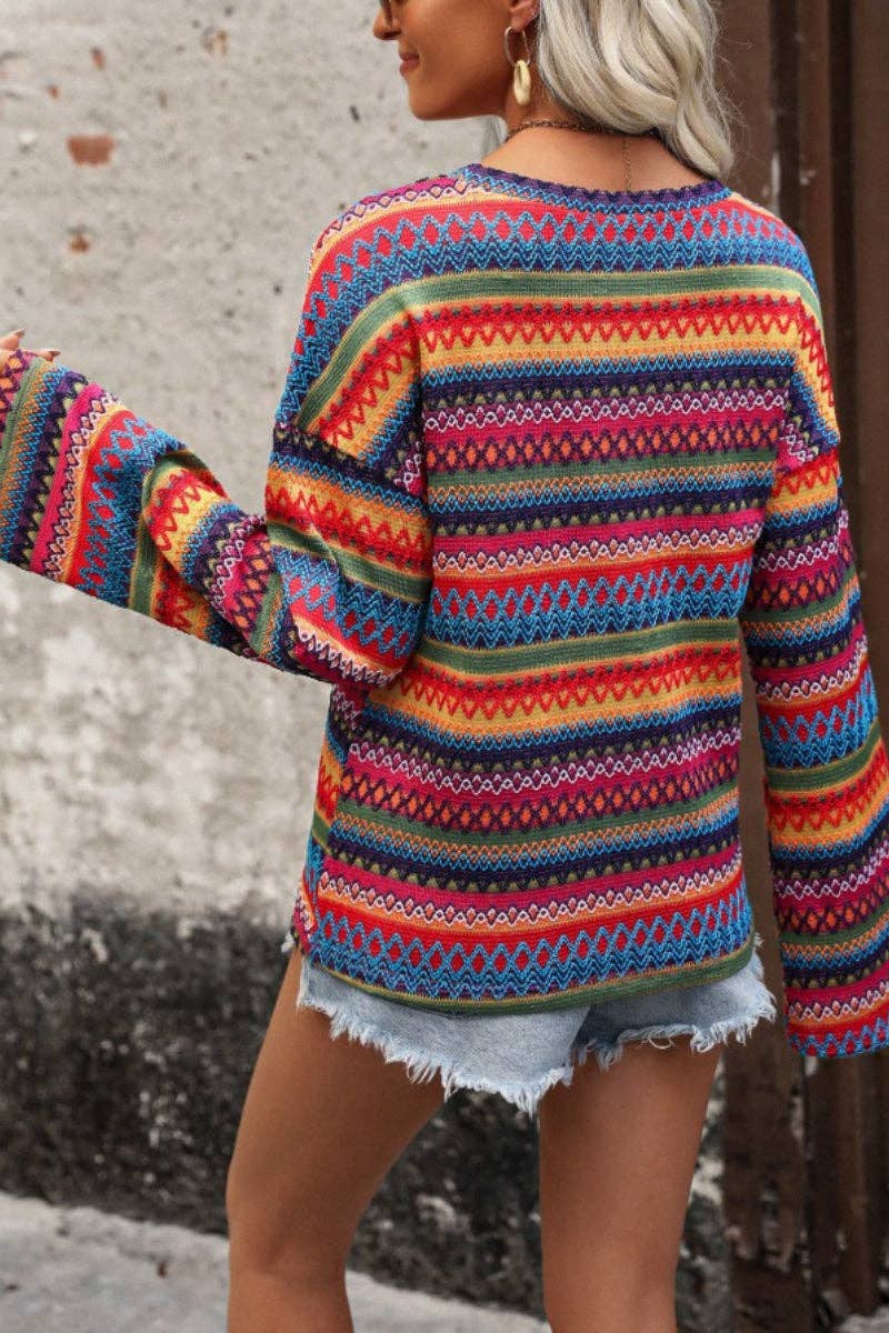 Boho Multicolor Geometric Knit Bell Sleeve Top Red or Orange Pattern