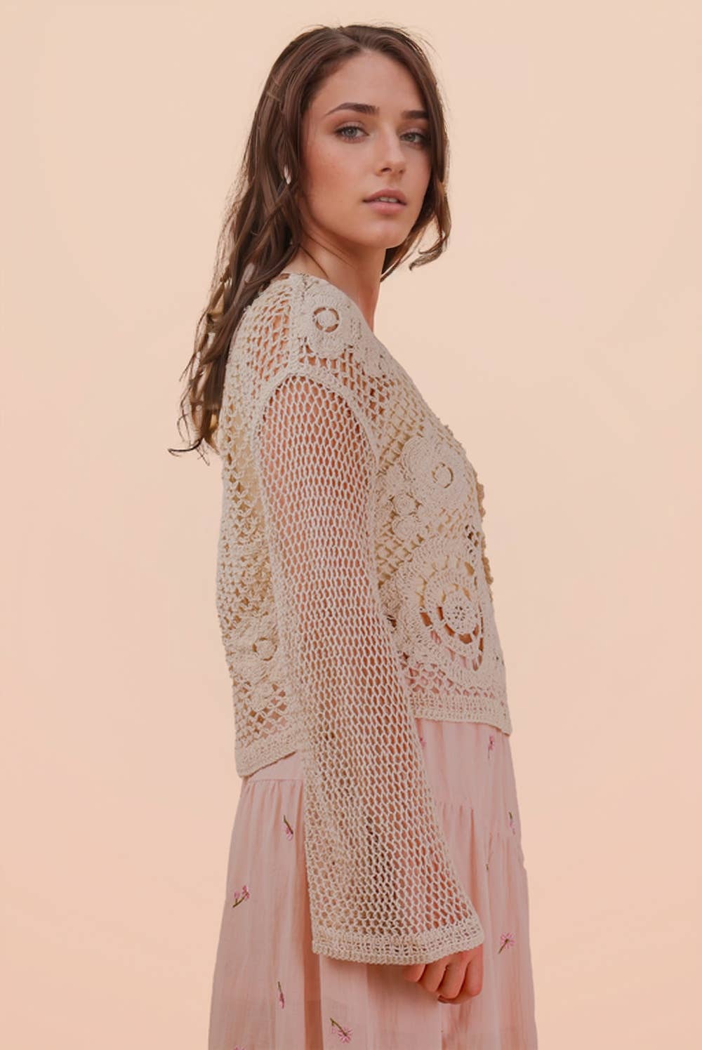 NT12142-Crochet Long Sleeve Knit Top: NATURAL / S.M-M.L/