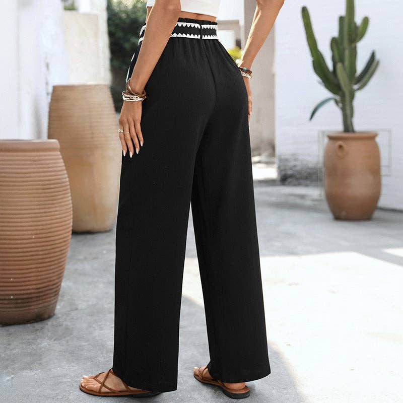 High Waist Wide Leg Matching Tie Belt Casual Pants: Black with White Contrast Stitching: Sizes: Small - Large