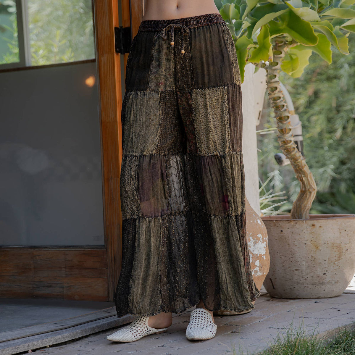 Young Threads Retro Revival Long Flared Patchwork Pants: Floral / PLUS 1X-3X