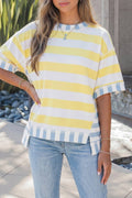 Exposed Seam Contrast Stripe Oversized Top: Yellow/Blue Stripe or Pink/Green Stripe - Sizes S - XL