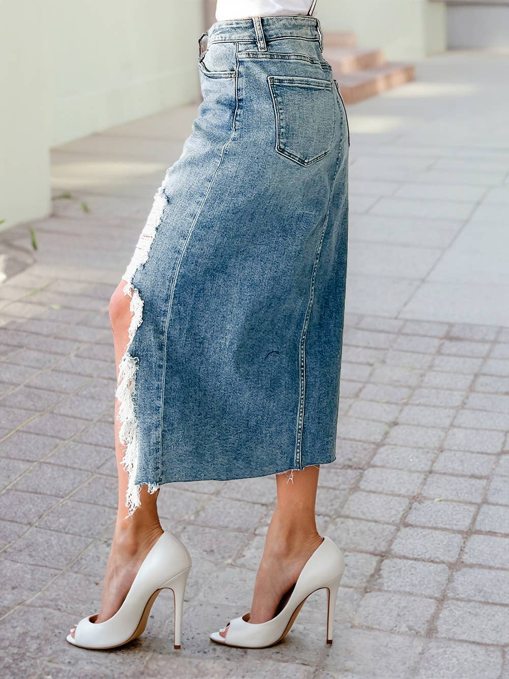 Distressed Bottom Denim Midi Skirt / Small - XL
