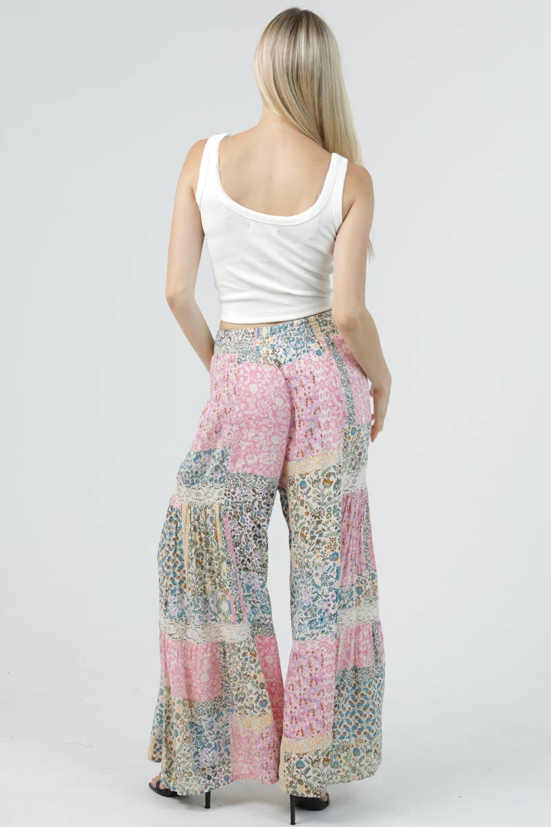 Patchwork Dreams Wide Leg Flare Pants with Lace Inserts Sizes Sm-Lg