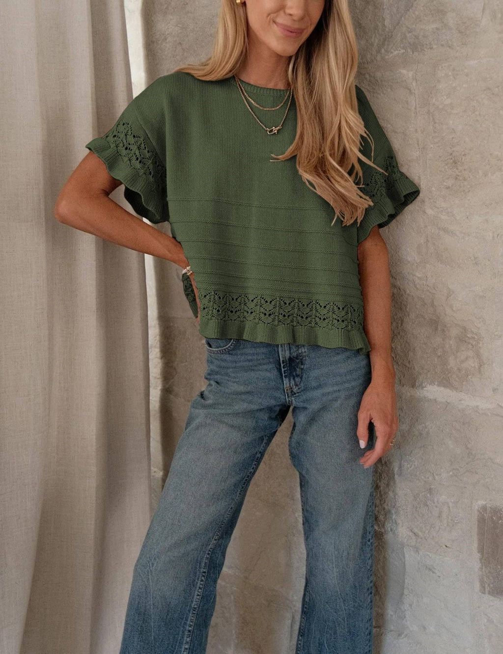 Boho Solid Knit Top Sweater Casual Eyelet Ruffle Sleeve: Olive Green or Khaki: Small - XL