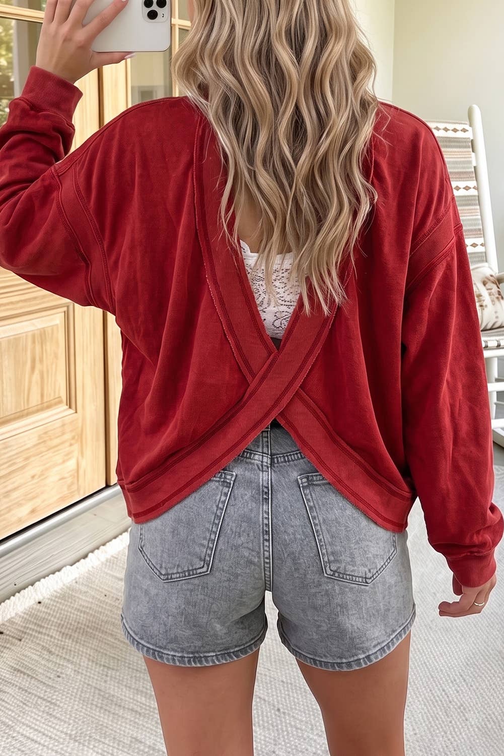 Ribbed Detail Drop Shoulder Cutout Back Sweatshirt: Racing Red