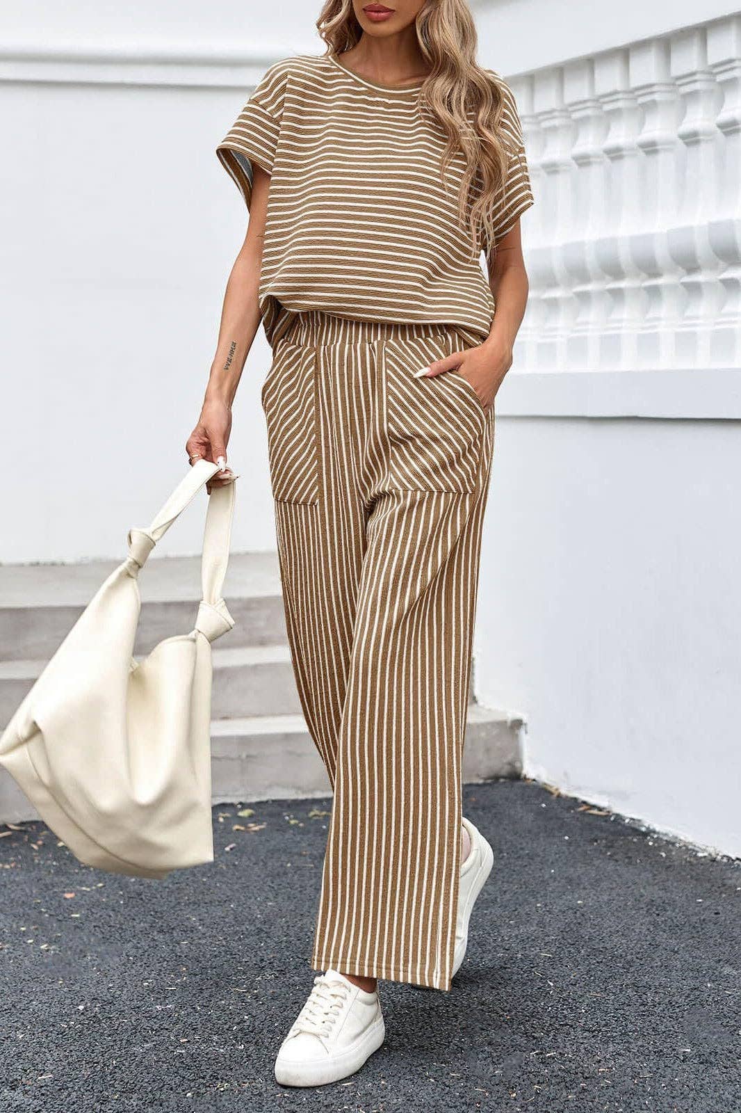 Striped Wide Leg Pants Set Casual 2 Piece Outfit: Black/Navy/Tan / S-2X