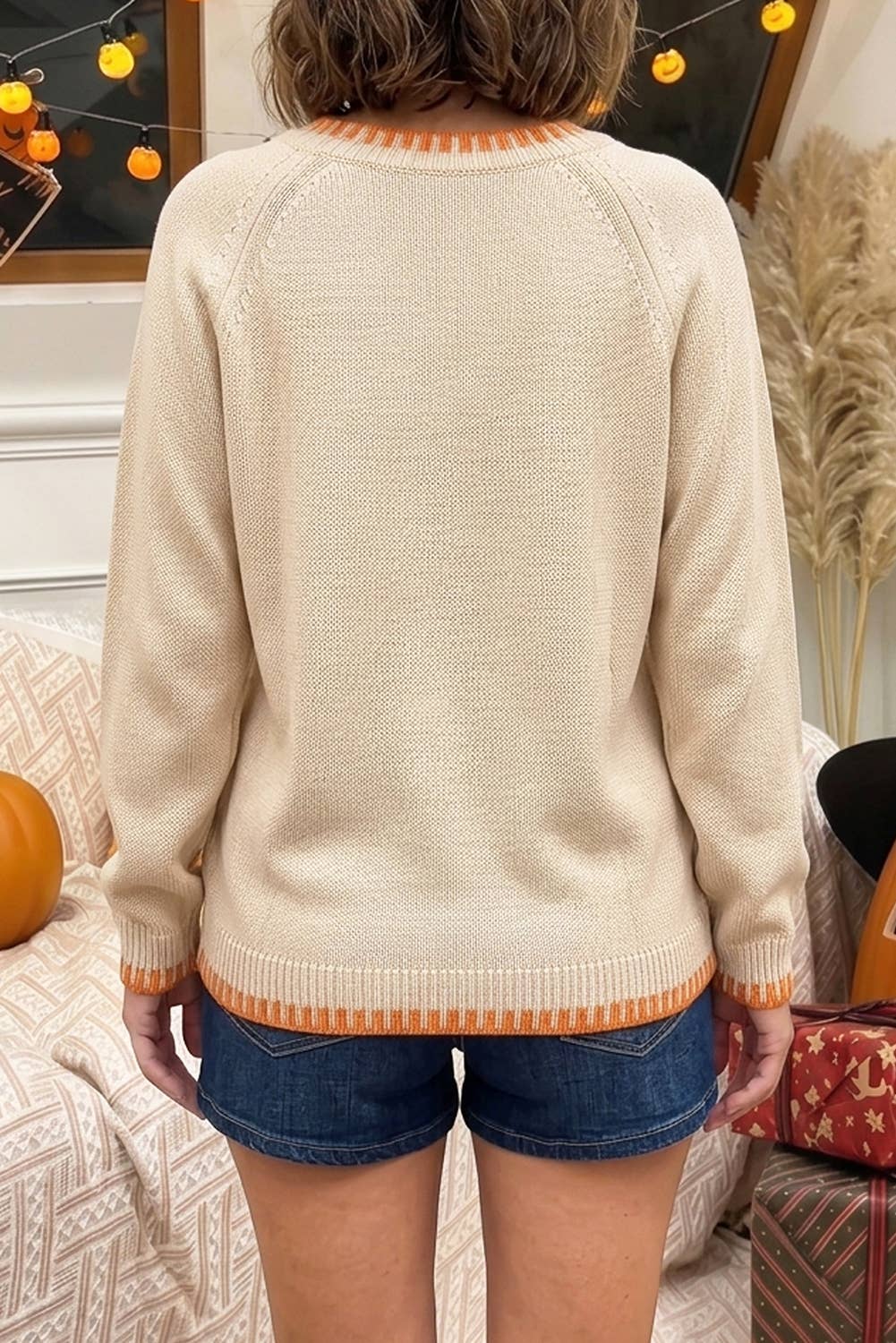 Autumn/Fall Floral Embroidery Pumpkin Sweater : Parchment - Size S-XL