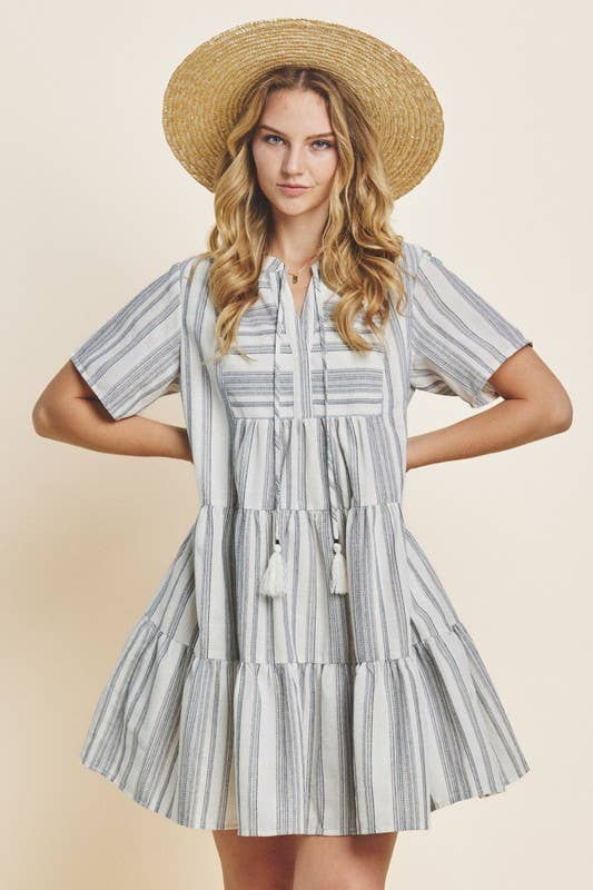 Stripe Printed Tiered Mini Dress Yarn Dye: Navy-White