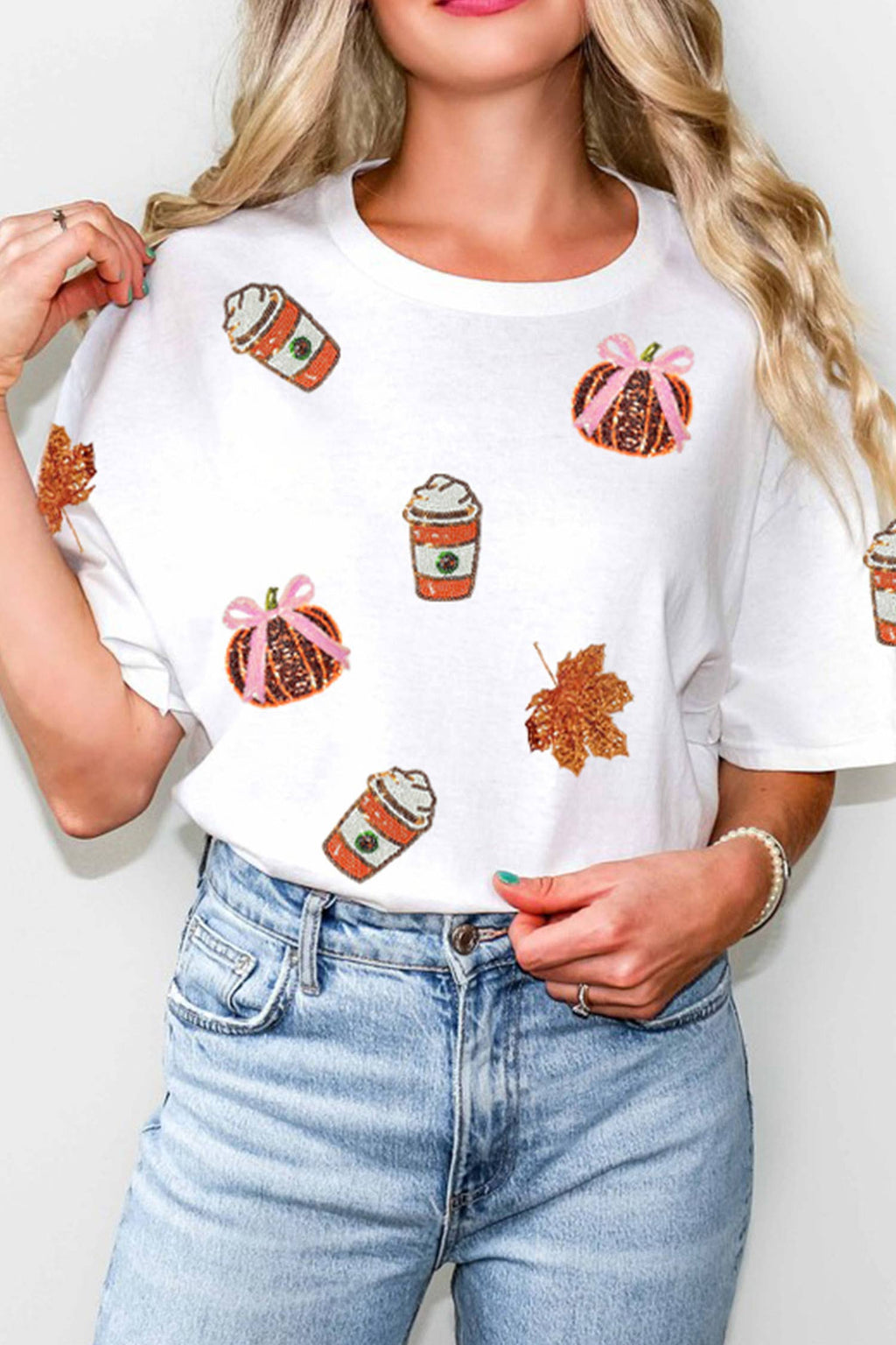 Sequined Pumpkin Fall Graphic T Shirt White