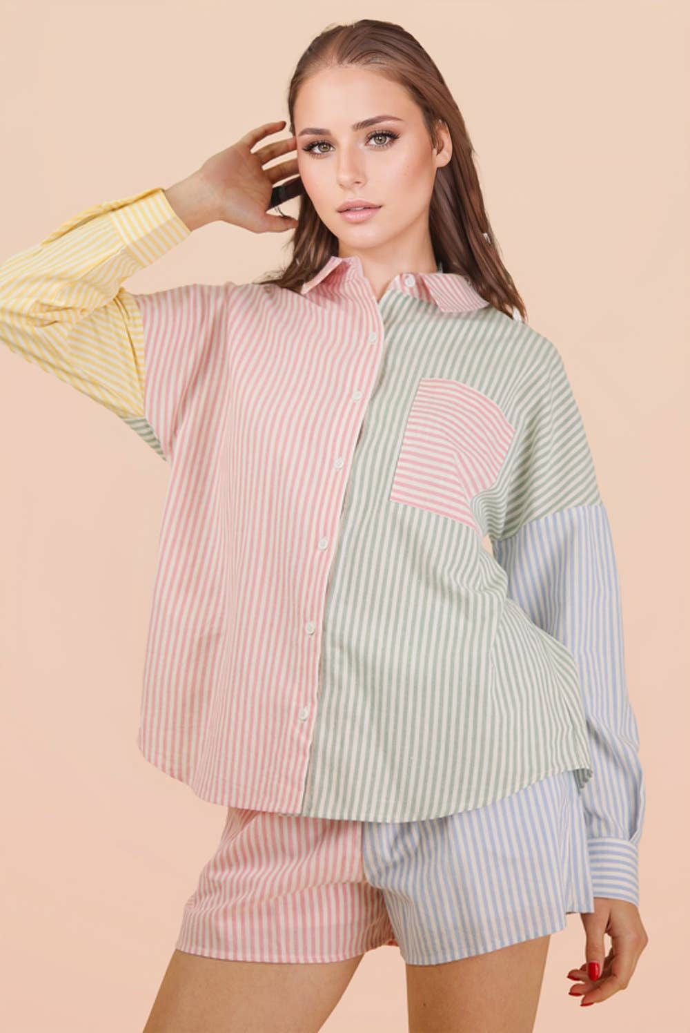 Stripe Color Block Shirt & Shorts Set: PINK MIX / S-M-L/