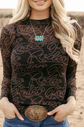 Black Western Rodeo Printed Mock Neck Long Sleeve Mesh Top: Black