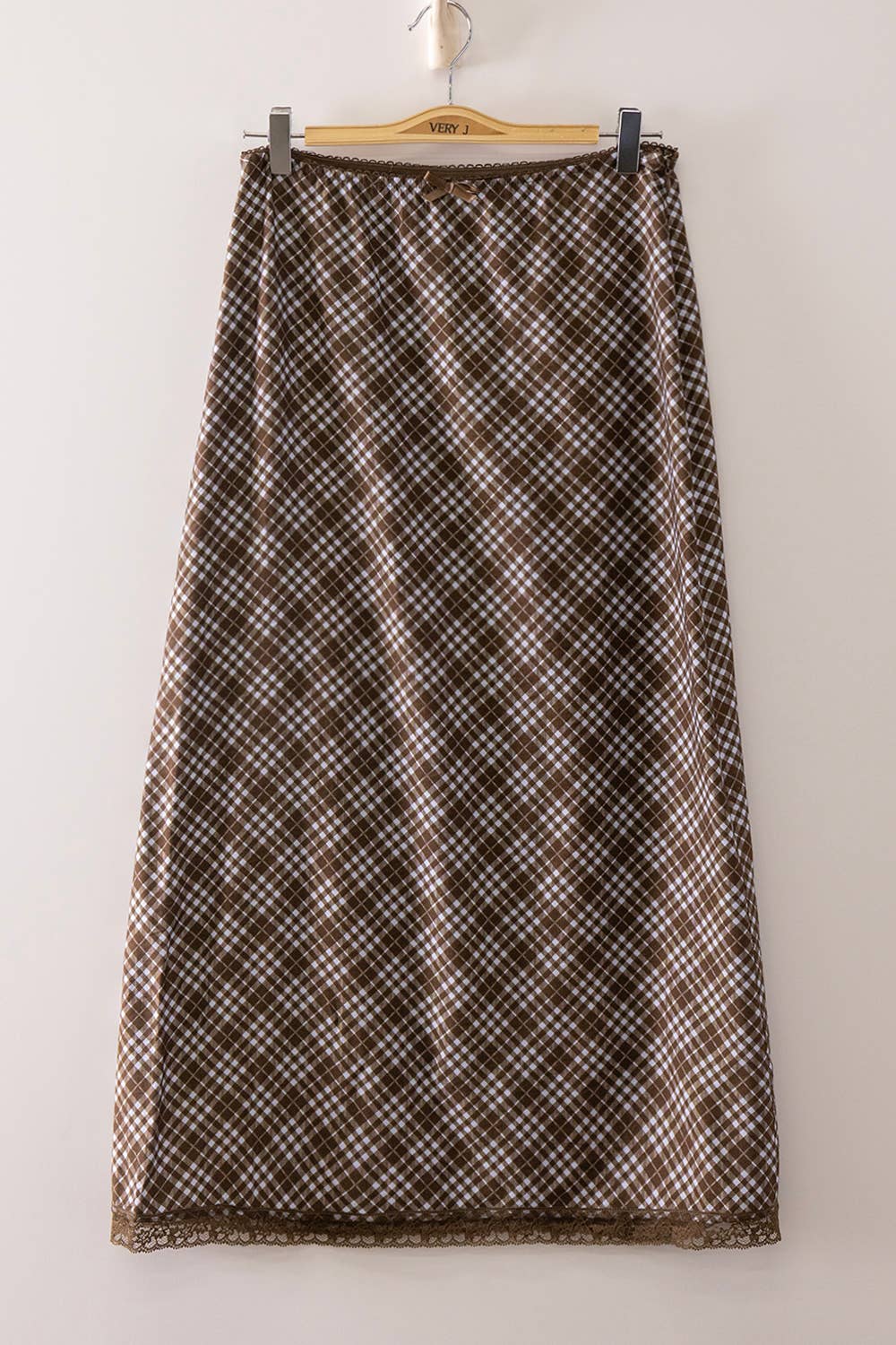 Plaid Midi Skirt with elastic waistband : CHOCO MIX