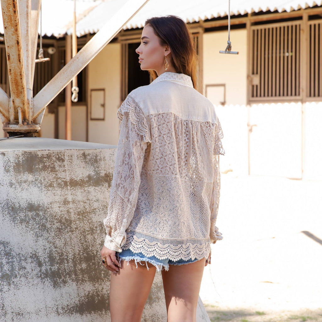 Young Threads Desert Dream Rhapsody Shirt All Lace Ruffle Shoulder Button Front: LATTE / Sizes Small - 3X!