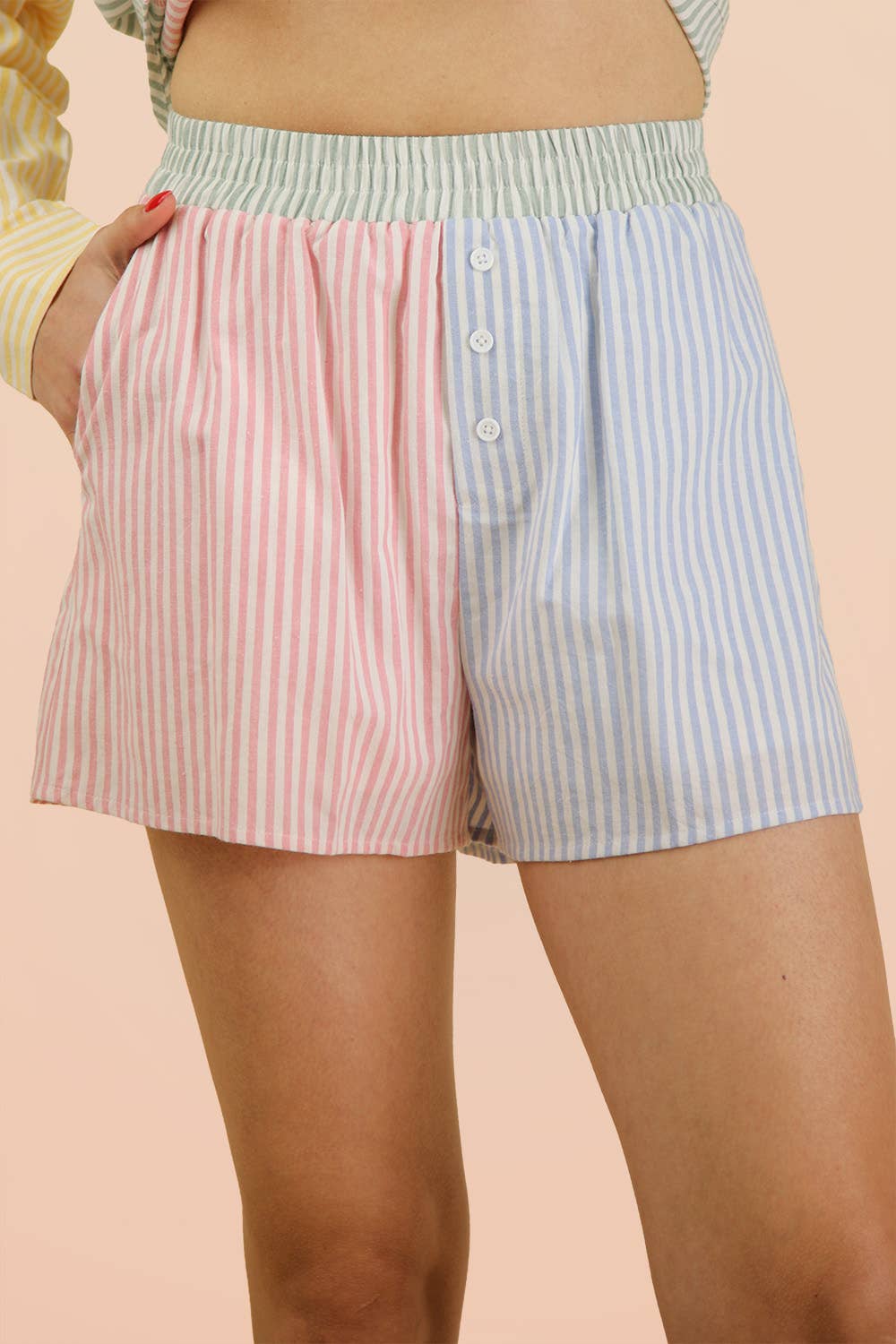 Stripe Color Block Shirt & Shorts Set: PINK MIX / S-M-L/