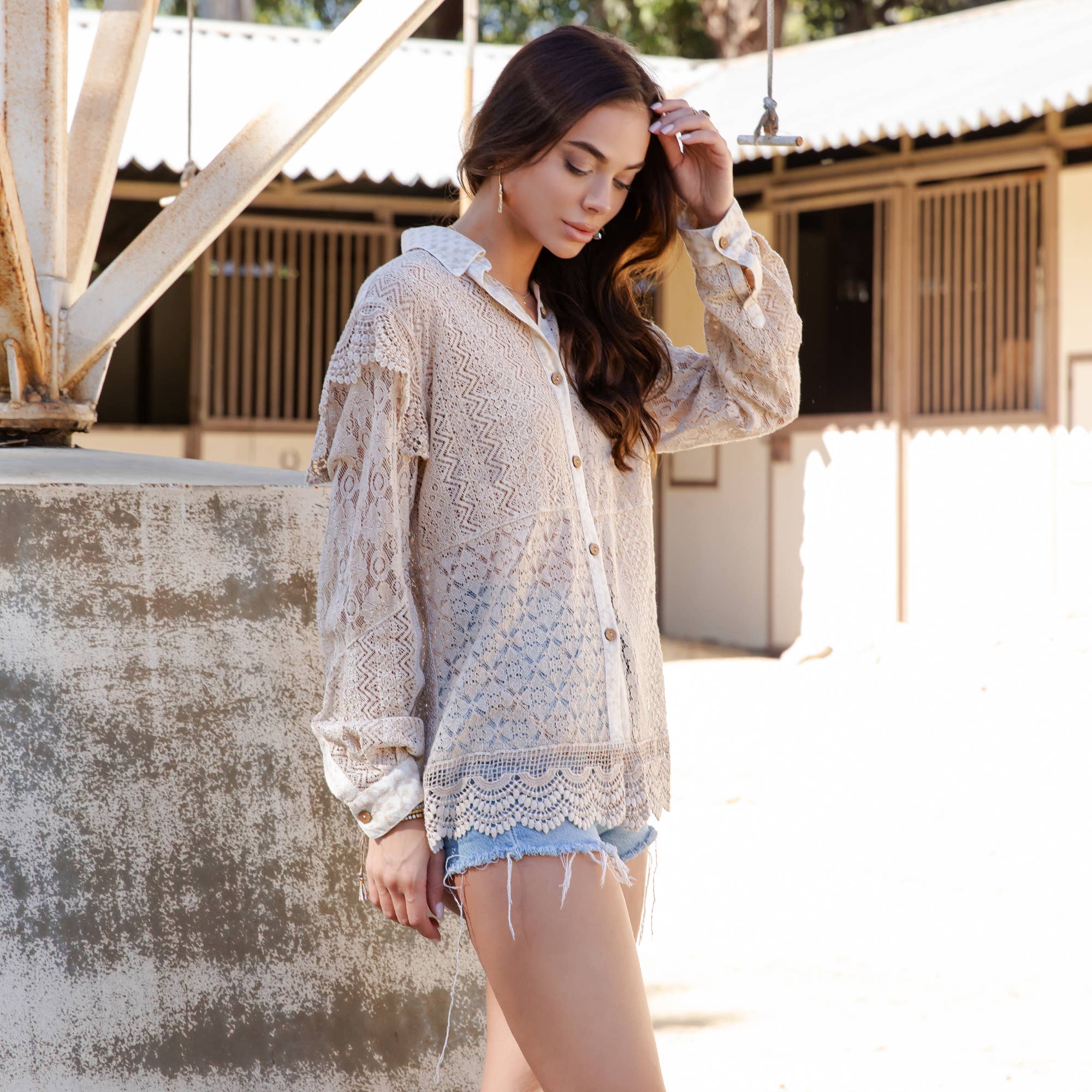 Young Threads Desert Dream Rhapsody Shirt All Lace Ruffle Shoulder Button Front: LATTE / Sizes Small - 3X!
