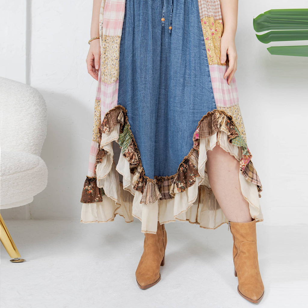 Young Threads: Western Boho Chic: Patchwork Midi Skirt : DENIM / Sizes Small - XL