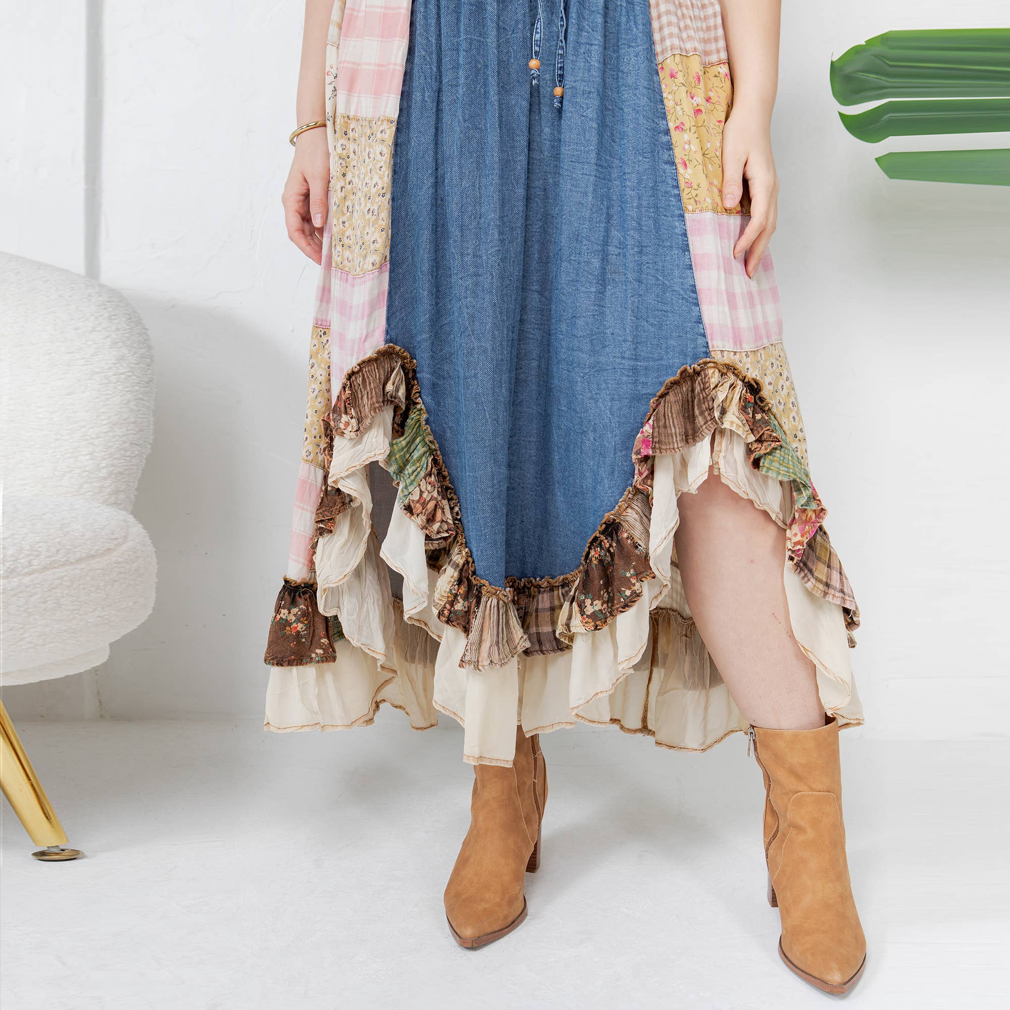 Young Threads: Western Boho Chic: Patchwork Midi Skirt : DENIM / Sizes Small - XL