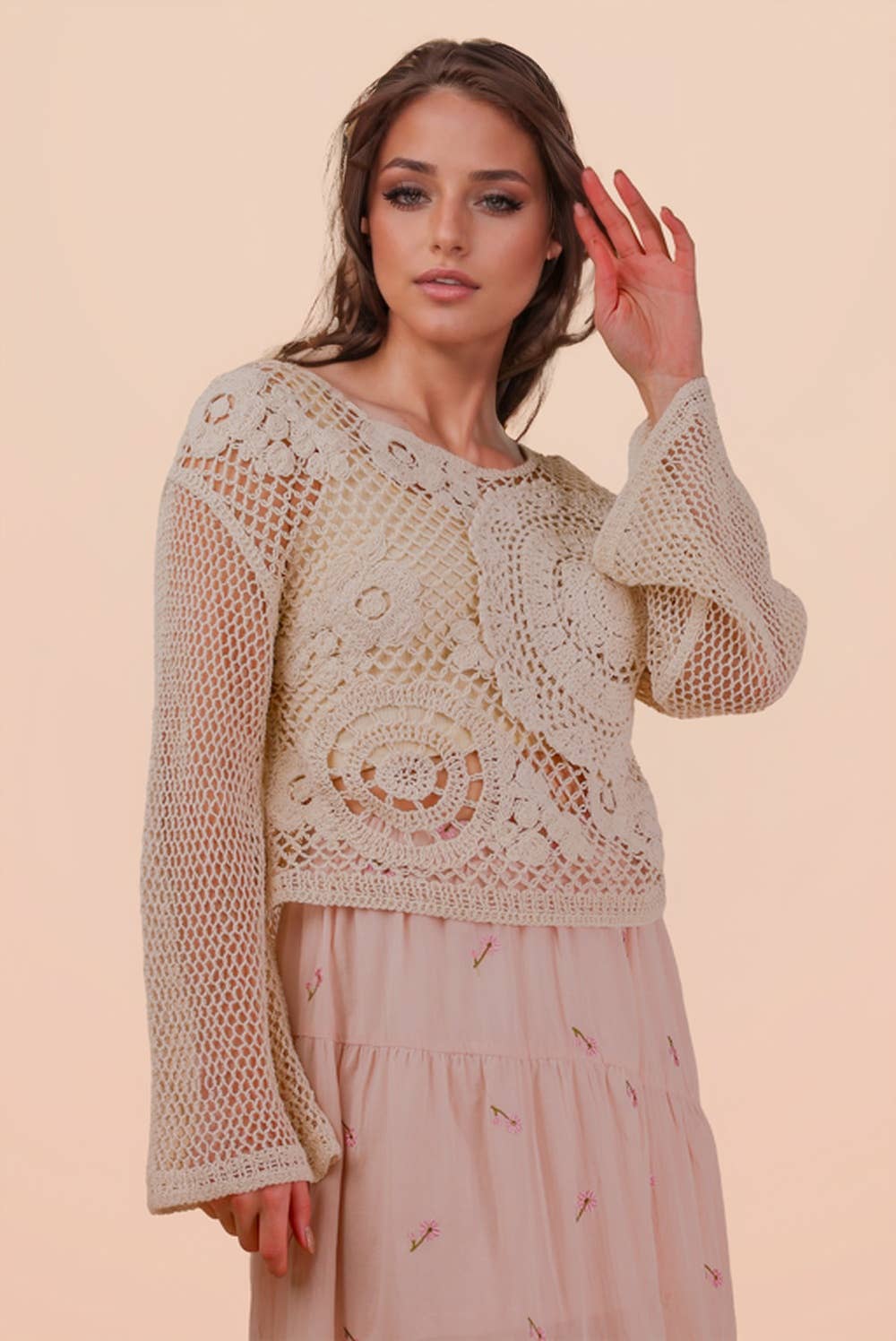 NT12142-Crochet Long Sleeve Knit Top: NATURAL / S.M-M.L/