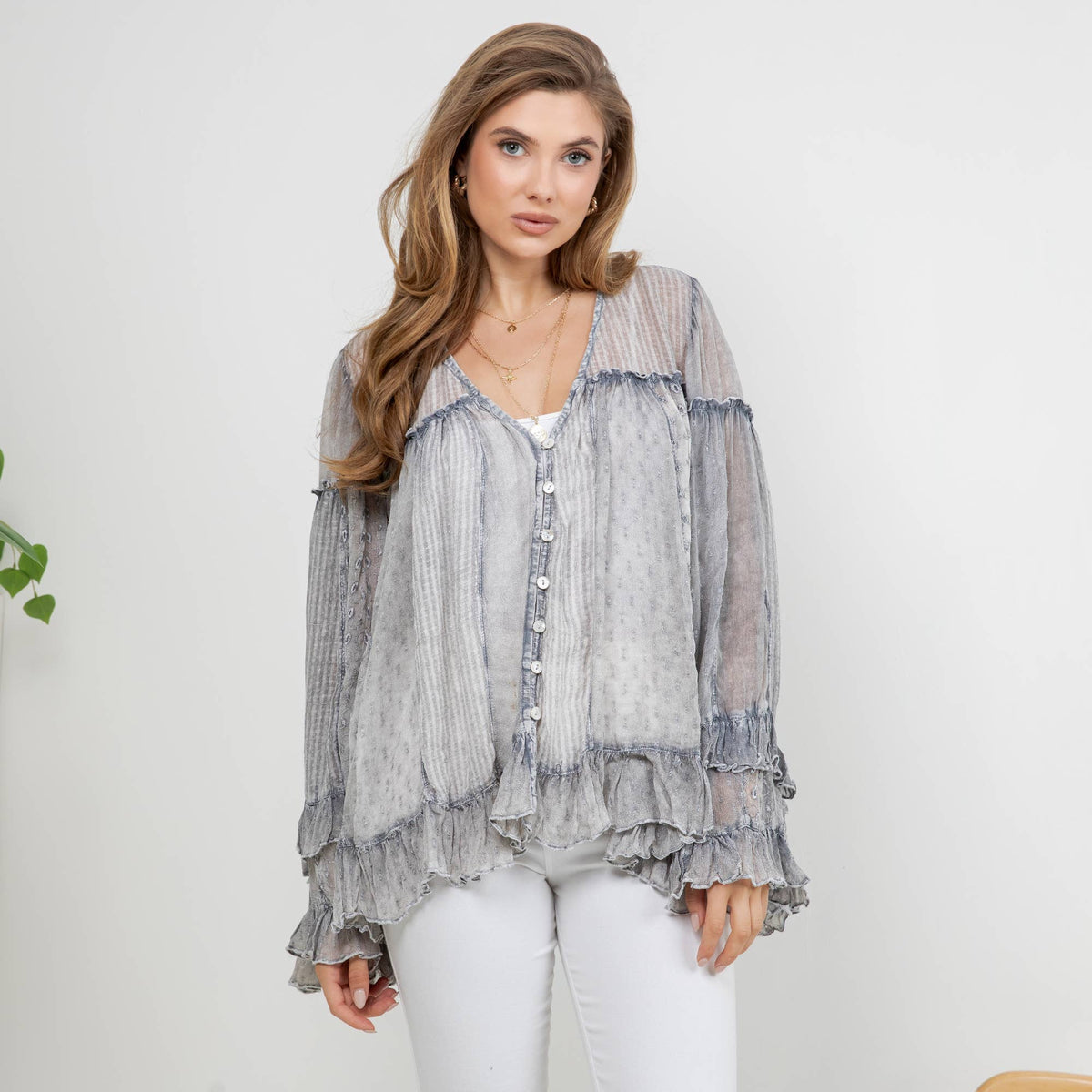 Young Threads V-Neck Ruffled Button-Front Top: Gray Small - XL