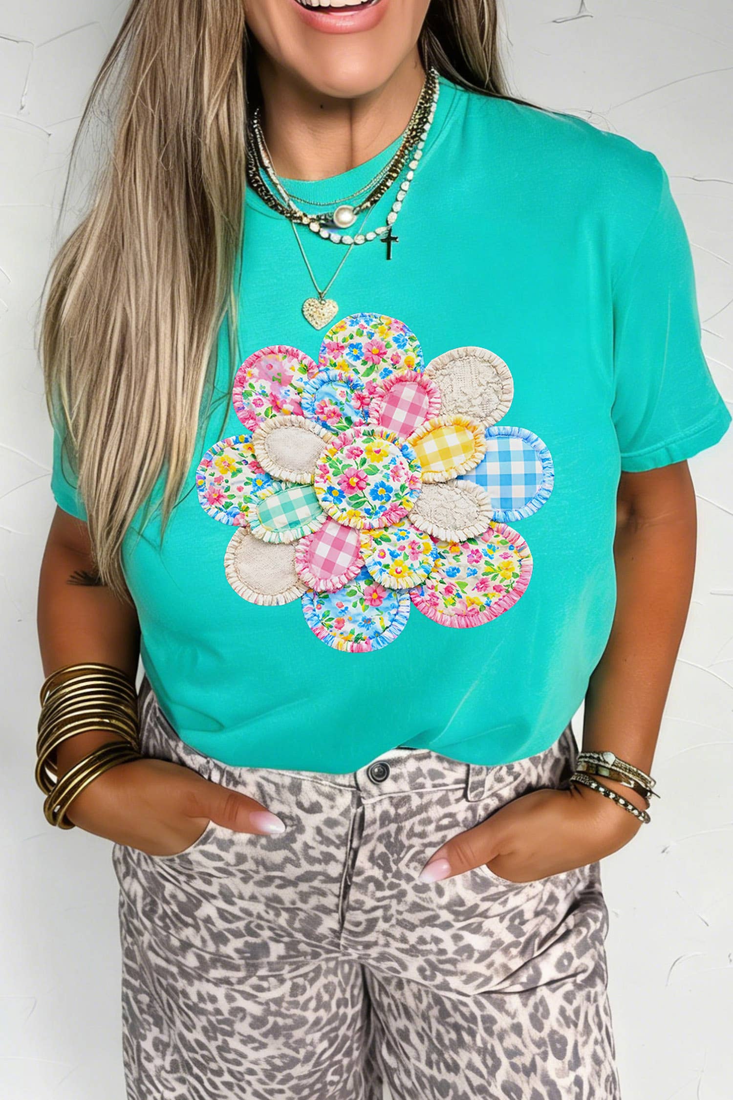 Patchwork Flower Printed Casual T Shirt : Mint Green S-3X