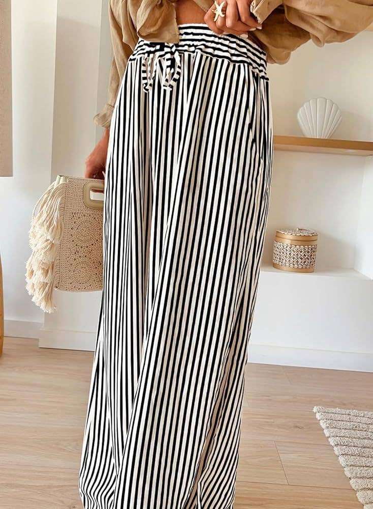 Striped Wide Leg Pants Casual Boho : Charcoal/Heathered White