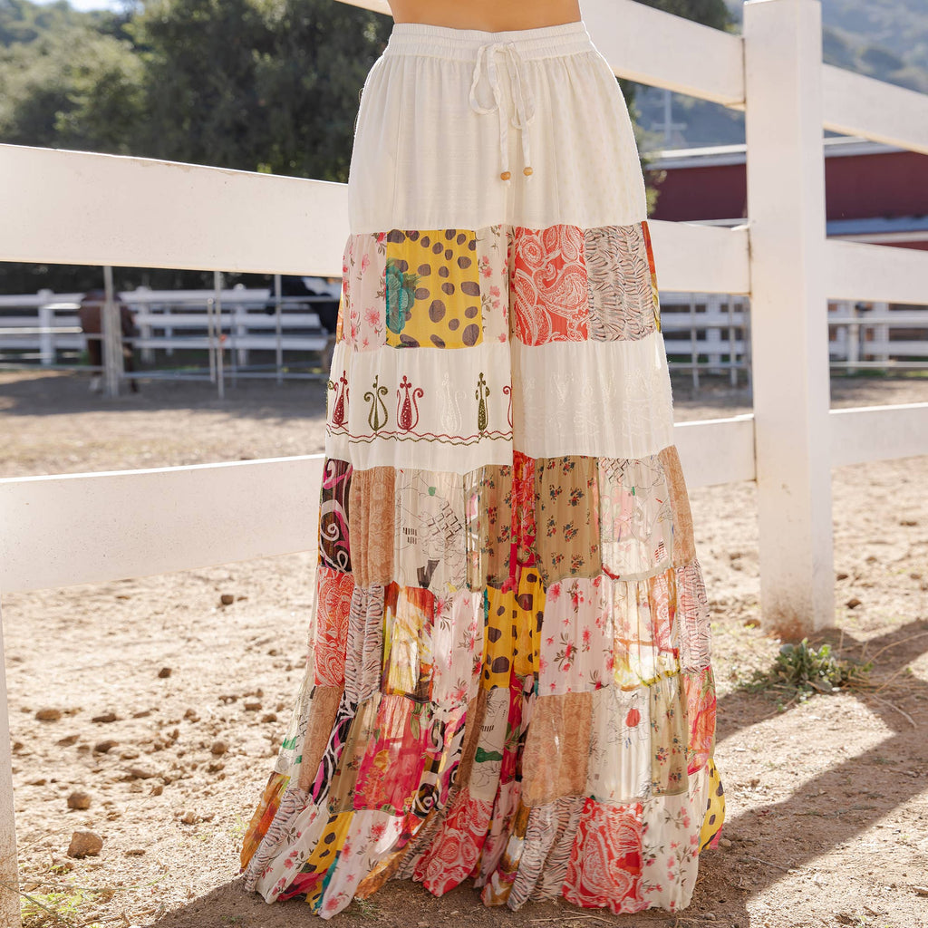 Young Threads - Boho Artisan Tiered Patchwork Wide-Leg Pants: Moss - Sizes Small - XL