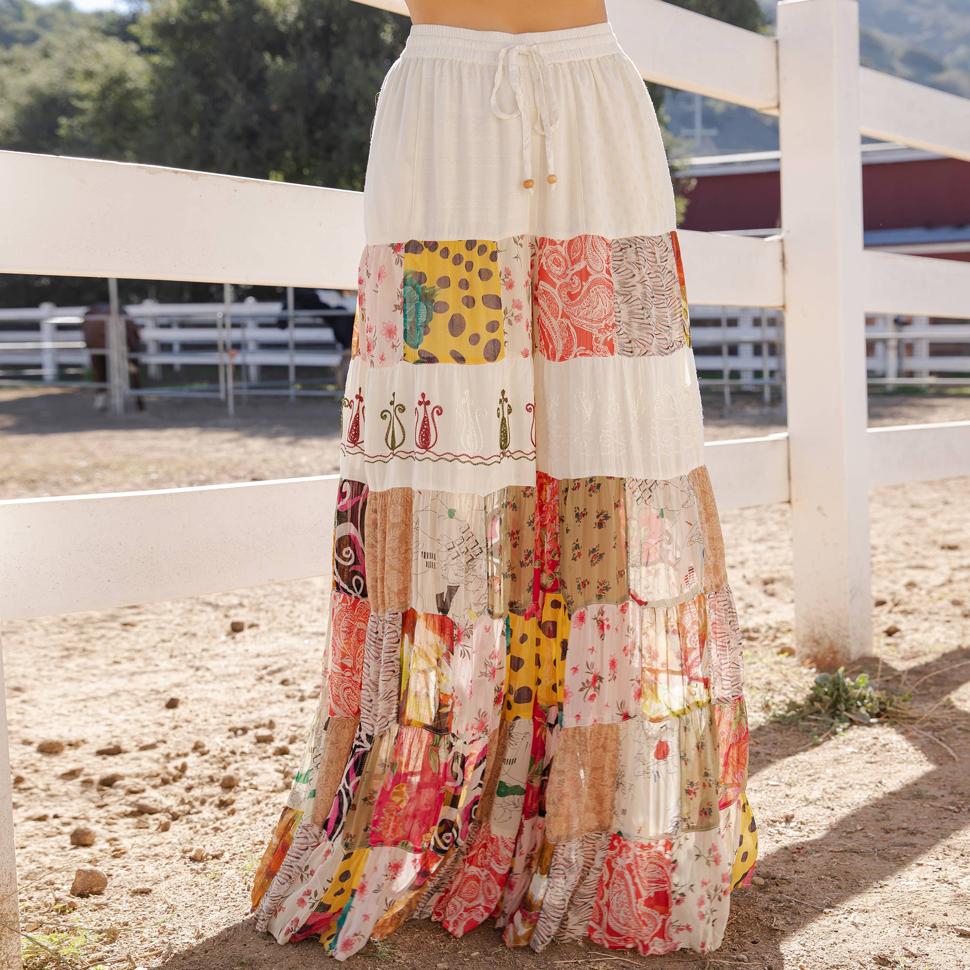 Young Threads - Boho Artisan Tiered Patchwork Wide-Leg Pants: Moss - Sizes Small - XL