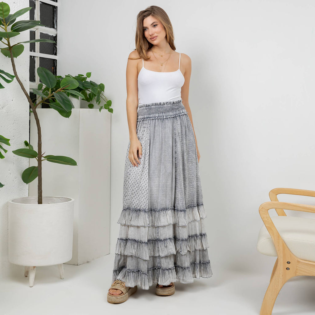 Young Threads: Rustic Textured Smocked Waist Ruffled Tiered Maxi Skirt: Gray / Small - 3X