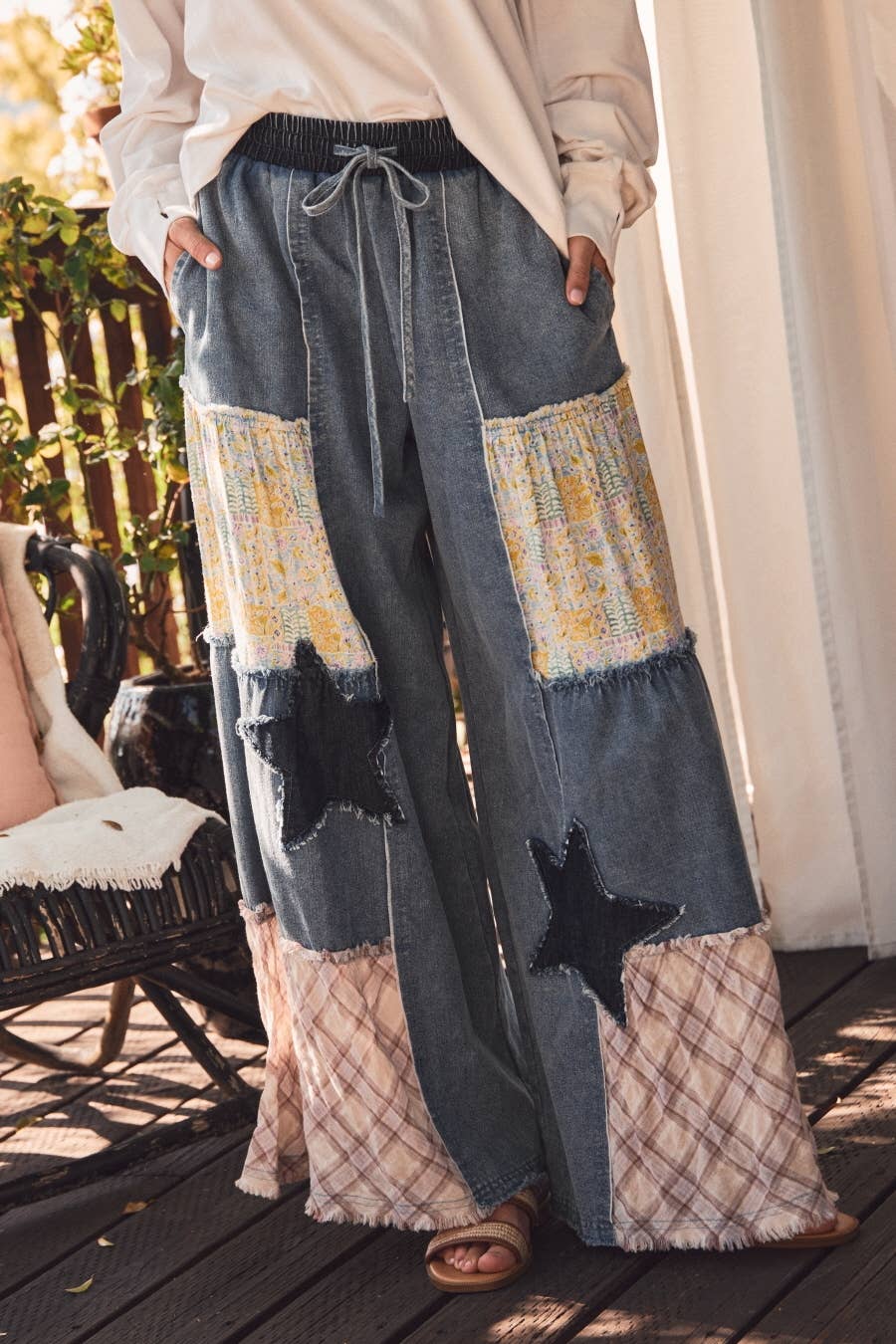 Mixed Fabric Patchwork Wide Leg Pants: WASHED DENIM