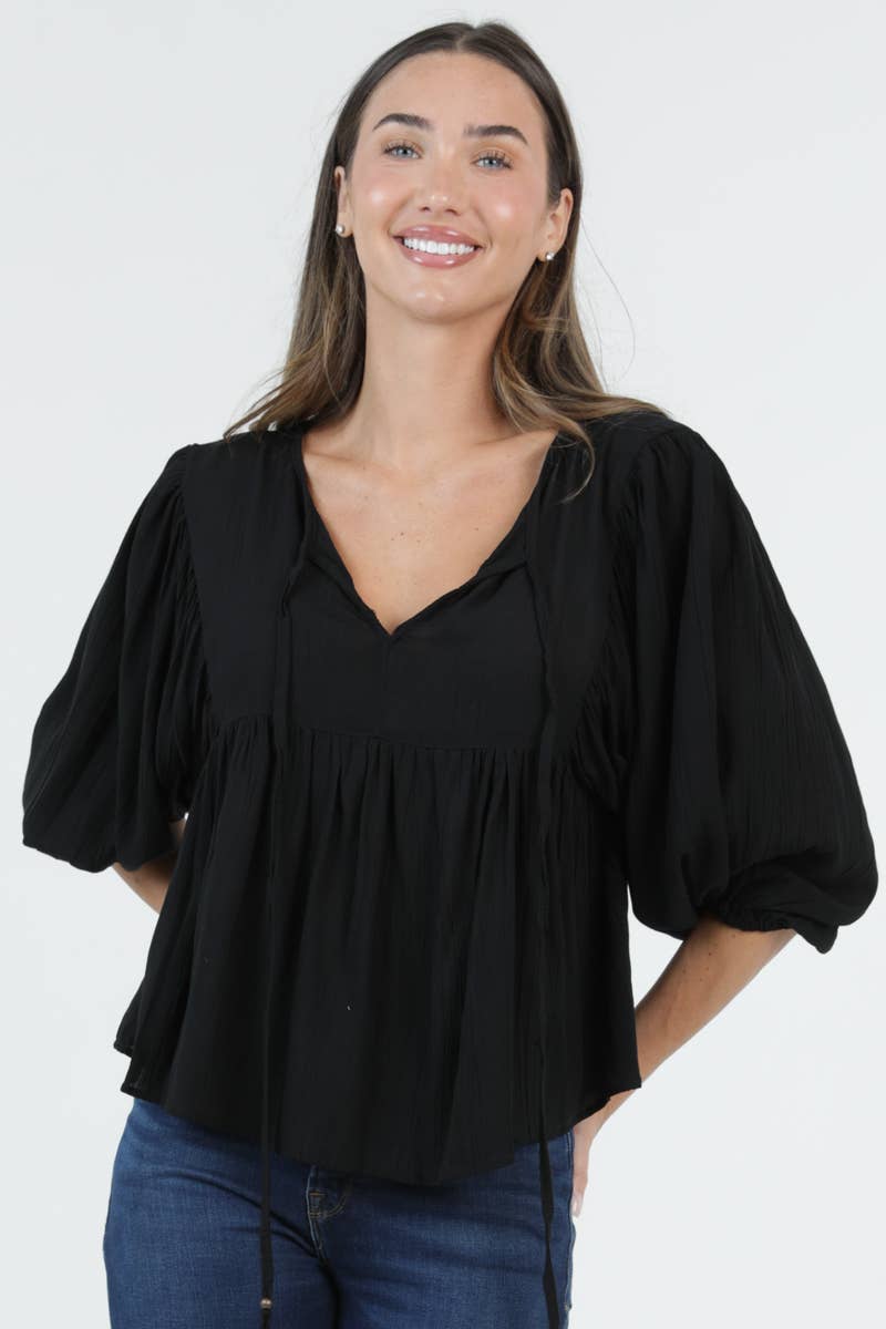 Boho Puff Sleeve V-Neck Black Blouse Sizes Small - Large