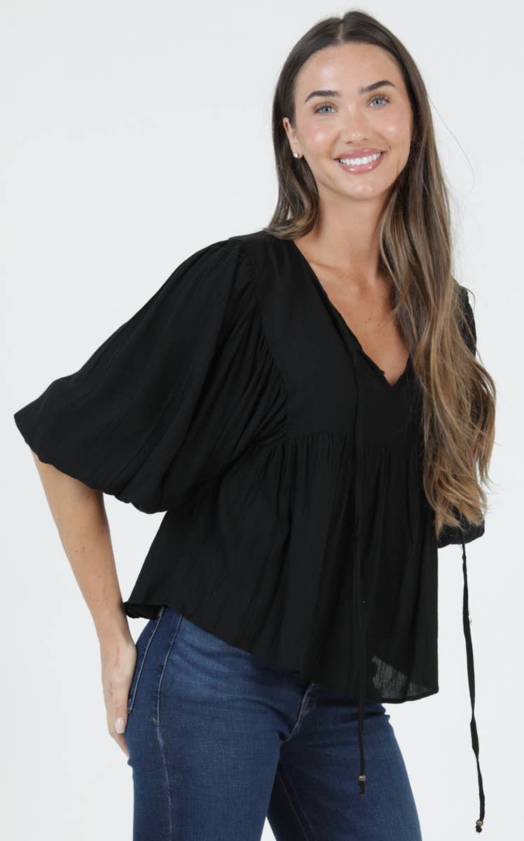 Boho Puff Sleeve V-Neck Black Blouse Sizes Small - Large
